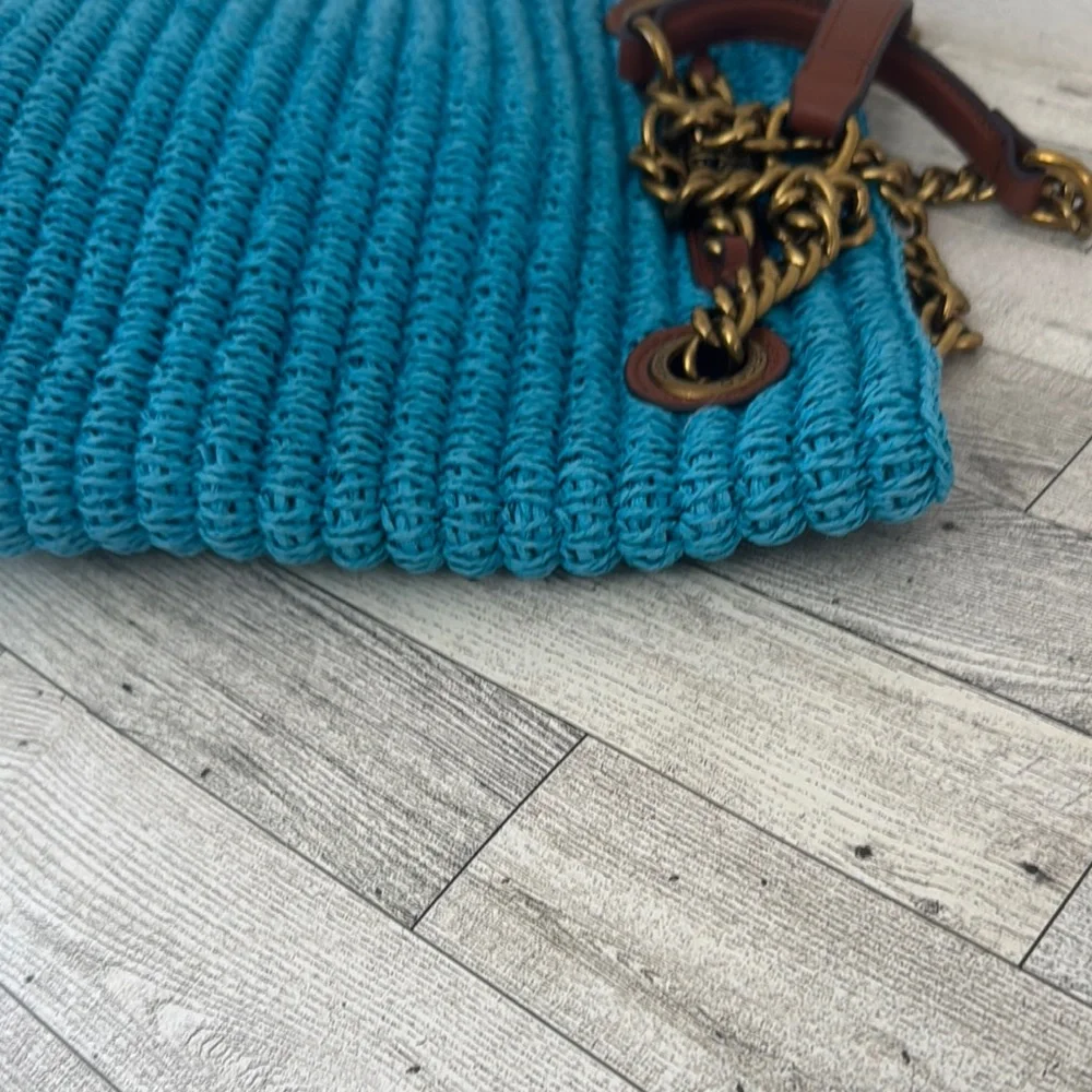 Kurt Geiger Chelsea Blue Raffia Tote Bag with Chain Handles